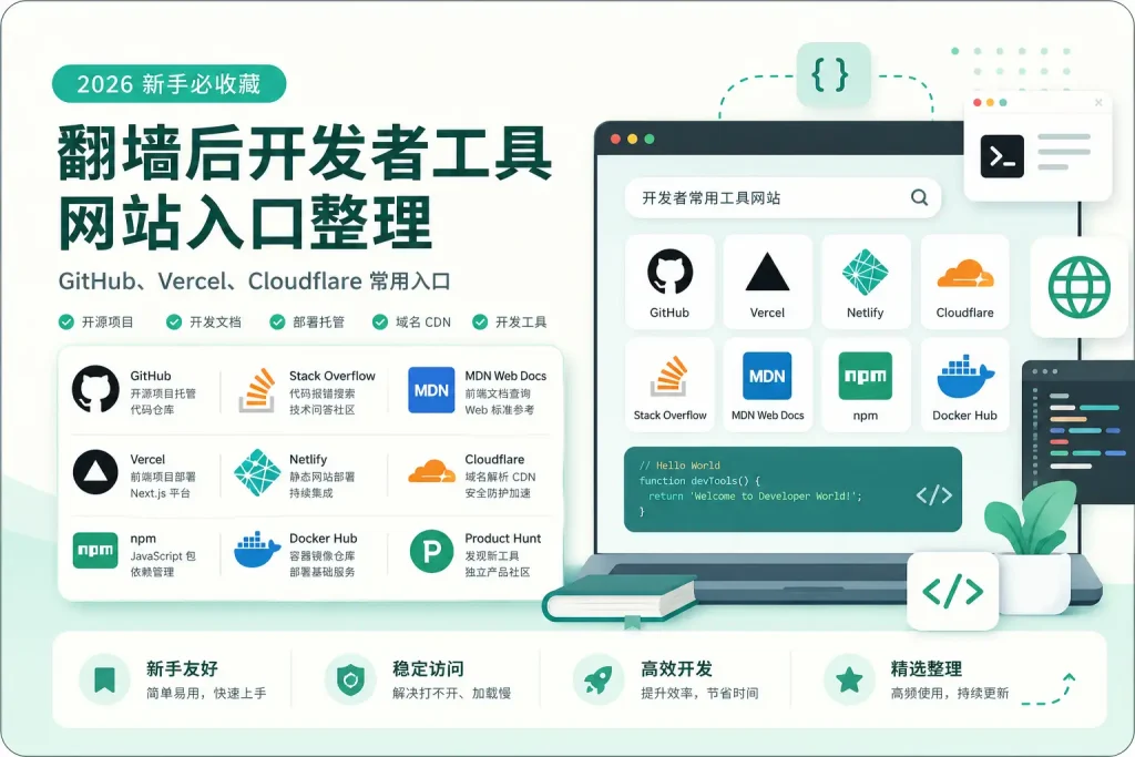 翻墙后开发者工具网站入口整理特色图，展示 GitHub、Vercel、Cloudflare、Stack Overflow、MDN、npm、Docker Hub 等常用开发者网站入口。
