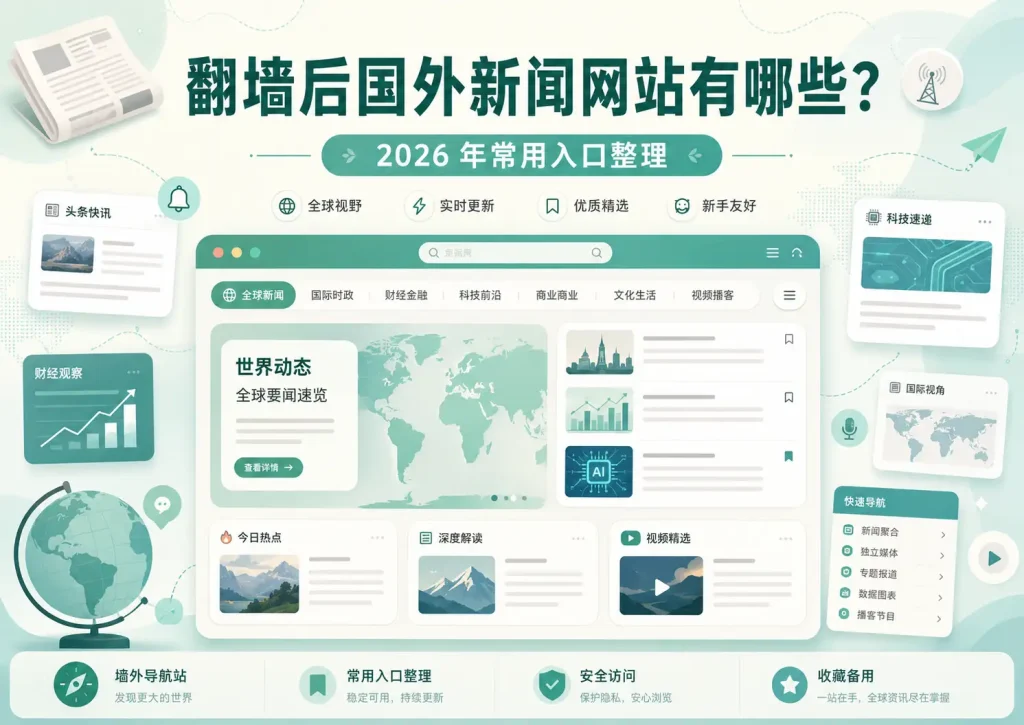 翻墙后国外新闻网站入口整理特色图，展示全球新闻资讯导航界面、世界地图、新闻卡片与常用入口元素，适用于 BBC、CNN、Reuters、AP 等国外新闻网站入口文章。