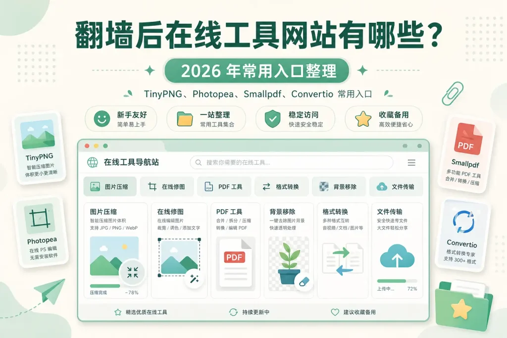 翻墙后在线工具网站入口整理特色图，展示图片压缩、在线修图、PDF 工具、格式转换、背景移除和文件传输等常用在线工具入口。