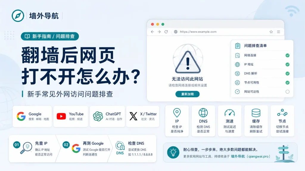 翻墙后网页打不开怎么办？新手常见外网访问问题排查特色图，包含 Google、YouTube、ChatGPT、IP、DNS、测速和节点排查入口示意。