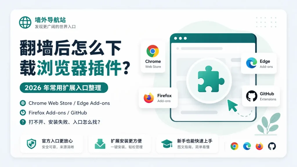 墙外导航站浏览器插件下载入口指南，展示 Chrome Web Store、Edge Add-ons、Firefox Add-ons 和 GitHub 等常用扩展入口