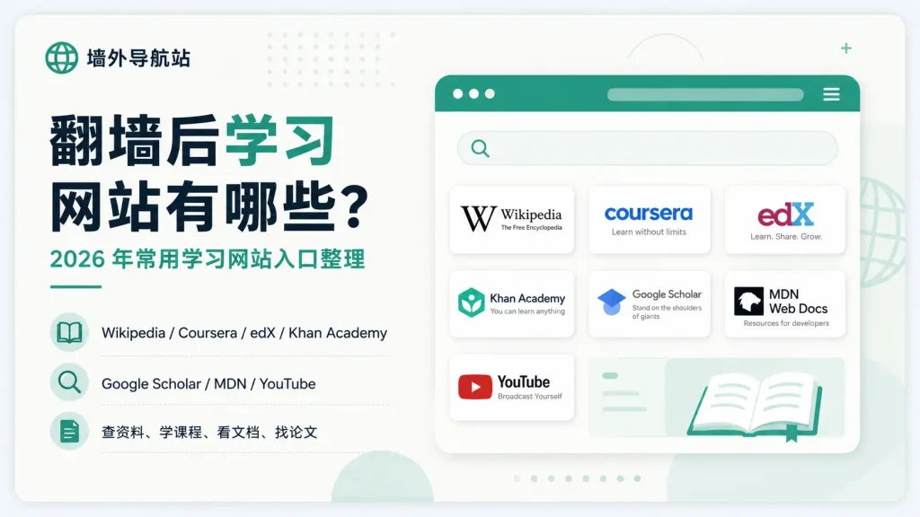 墙外导航站海外学习网站入口指南，展示 Wikipedia、Coursera、edX、Khan Academy、Google Scholar、MDN 和 YouTube 等常用学习网站