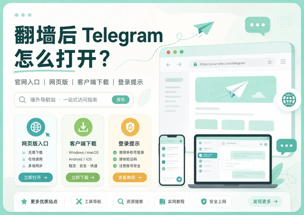 翻墙后 Telegram 怎么打开文章特色图，展示 Telegram 官网入口、网页版、客户端下载和登录提示等新手常用入口。