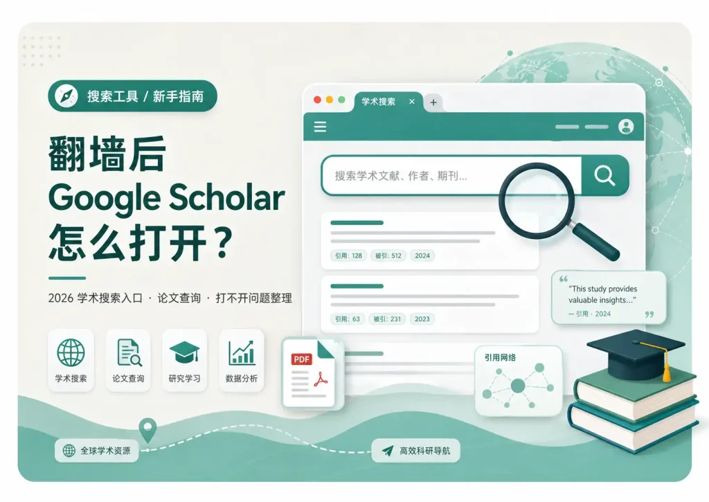 翻墙后 Google Scholar 怎么打开文章特色图，展示谷歌学术搜索入口、论文查询、PDF 文献、引用记录和打不开问题整理。