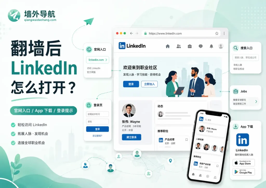 翻墙后 LinkedIn 怎么打开文章特色图，展示 LinkedIn 官网入口、登录页、App 下载、职位搜索和职业社交平台访问提示。