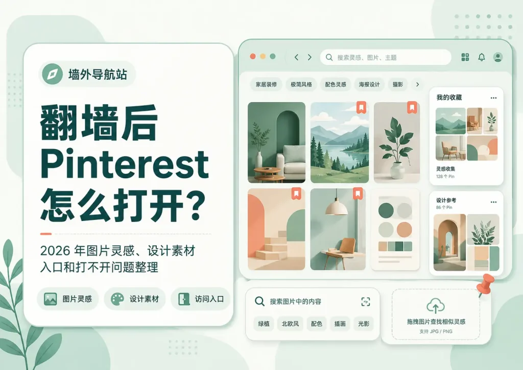 翻墙后 Pinterest 怎么打开文章特色图，展示 Pinterest 图片灵感入口、设计素材搜索、收藏图板、App 下载和打不开问题整理。