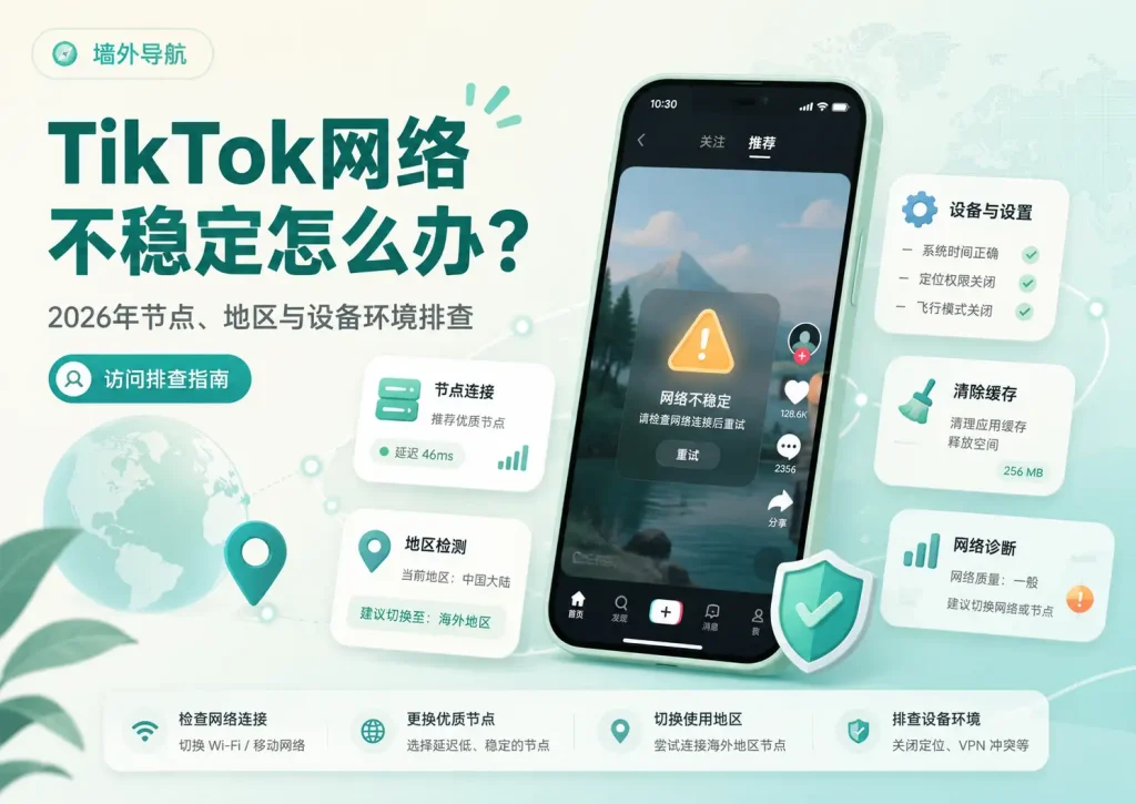 TikTok网络不稳定怎么办？2026年节点、地区与设备环境排查指南